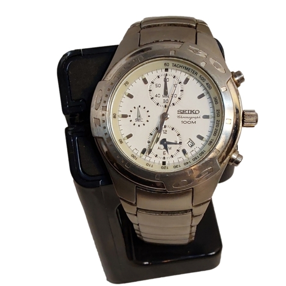 SEIKO CHRONOGRAPH  / ALARM 100M code 7T62-0BX0 MEN'S SILVERSTONE WRISTWATCH - Picture 2 of 4